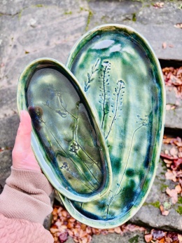 Talerz duży podłużny Zielony z roślinami