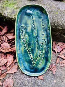 Talerz duży podłużny Zielony z roślinami