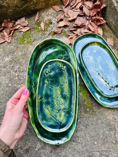 Talerz podłużny ok 17 cm Zielony z roślinami