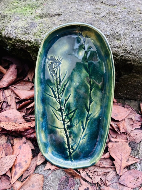 Talerz podłużny ok 22 cm Zielony z roślinami