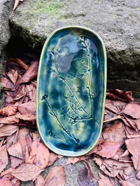 Talerz podłużny ok 22 cm Zielony z roślinami